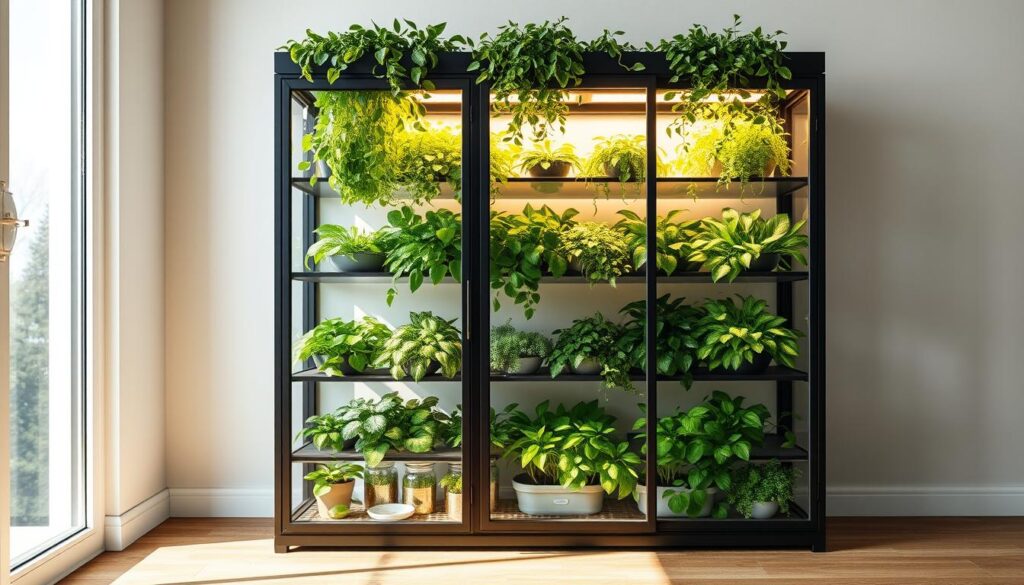 A beautifully crafted, modern indoor greenhouse cabinet stands proudly in a sunlit room. The sleek, minimalist frame is composed of smooth, matte black metal, perfectly complementing the lush greenery inside. Lush, verdant plants cascade from the shelves, their vibrant foliage casting gentle shadows across the cabinet's surface. Strategically placed LED grow lights bathe the scene in a warm, natural glow, illuminating the plants and creating a serene, tranquil atmosphere. The cabinet's glass panels allow ample natural light to filter in, fostering the healthy growth of the diverse flora. The overall design is both functional and visually stunning, perfectly suited to showcase a thriving indoor garden within the comfort of a stylish, IKEA-inspired cabinet. A beautifully crafted, modern indoor greenhouse cabinet stands proudly in a sunlit room. The sleek, minimalist frame is composed of smooth, matte black metal, perfectly complementing the lush greenery inside. Lush, verdant plants cascade from the shelves, their vibrant foliage casting gentle shadows across the cabinet's surface. Strategically placed LED grow lights bathe the scene in a warm, natural glow, illuminating the plants and creating a serene, tranquil atmosphere. The cabinet's glass panels allow ample natural light to filter in, fostering the healthy growth of the diverse flora. The overall design is both functional and visually stunning, perfectly suited to showcase a thriving indoor garden within the comfort of a stylish, IKEA-inspired cabinet.