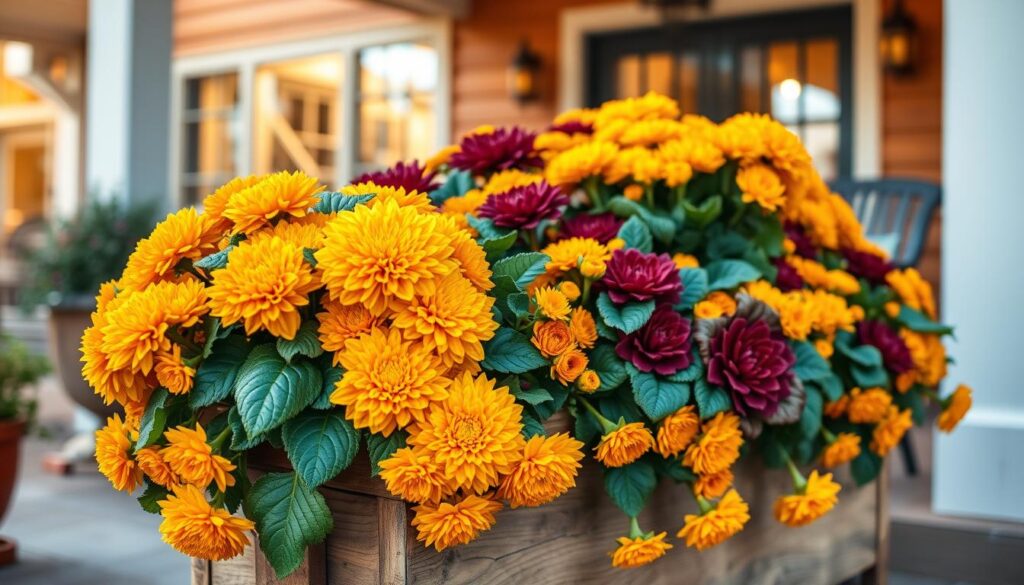 A beautifully crafted mums planter set against a warm, autumnal backdrop. In the foreground, a large, lush mums plant with vibrant orange-yellow blooms spills gracefully over the edges of a rustic, distressed wooden planter. The middle ground features a curated arrangement of additional mums plants in varying shades of orange, yellow, and burgundy, complemented by lush, deep green kale foliage. The background showcases a cozy, inviting porch or patio setting, with soft, diffused lighting casting a gentle glow over the scene. The overall composition evokes a sense of cozy, seasonal elegance, perfectly capturing the essence of a stunning fall container recipe featuring mums. A beautifully crafted mums planter set against a warm, autumnal backdrop. In the foreground, a large, lush mums plant with vibrant orange-yellow blooms spills gracefully over the edges of a rustic, distressed wooden planter. The middle ground features a curated arrangement of additional mums plants in varying shades of orange, yellow, and burgundy, complemented by lush, deep green kale foliage. The background showcases a cozy, inviting porch or patio setting, with soft, diffused lighting casting a gentle glow over the scene. The overall composition evokes a sense of cozy, seasonal elegance, perfectly capturing the essence of a stunning fall container recipe featuring mums.
