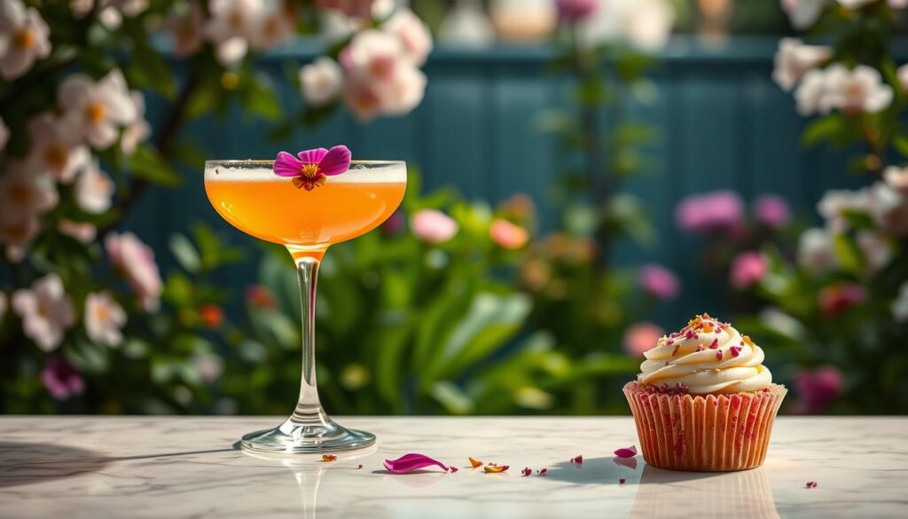 A beautifully illuminated cocktail glass, its rim adorned with a vibrant edible flower, sits atop a pristine marble countertop. Beside it, a delicate cupcake, its frosting dusted with crushed petals, radiates a soft, natural glow. In the background, a lush, verdant garden frames the scene, its blossoms swaying gently in a warm breeze. The overall composition exudes a sense of elevated sophistication, inviting the viewer to experience the next level of culinary artistry, where edible flowers seamlessly integrate to elevate the senses.