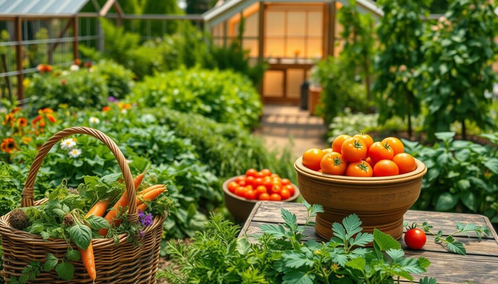 A bountiful, sun-dappled kitchen garden, brimming with freshly harvested produce. Lush, verdant rows of leafy greens, plump tomatoes, and fragrant herbs. In the foreground, a wicker basket overflows with colorful, organic bounty - carrots, zucchini, and a scattering of wildflowers. A wooden garden table stands in the middle ground, supporting a rustic earthenware bowl filled with vibrant cherry tomatoes. In the background, a charming greenhouse casts a warm, golden glow, hinting at the nurturing care that has gone into cultivating this self-sustaining oasis. The scene is infused with a sense of calm, wholesome abundance - a celebration of the simple pleasures of homegrown, eco-friendly nourishment. A bountiful, sun-dappled kitchen garden, brimming with freshly harvested produce. Lush, verdant rows of leafy greens, plump tomatoes, and fragrant herbs. In the foreground, a wicker basket overflows with colorful, organic bounty - carrots, zucchini, and a scattering of wildflowers. A wooden garden table stands in the middle ground, supporting a rustic earthenware bowl filled with vibrant cherry tomatoes. In the background, a charming greenhouse casts a warm, golden glow, hinting at the nurturing care that has gone into cultivating this self-sustaining oasis. The scene is infused with a sense of calm, wholesome abundance - a celebration of the simple pleasures of homegrown, eco-friendly nourishment.
