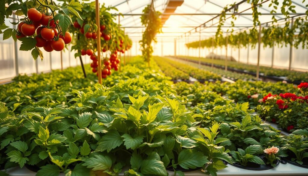A bright, airy greenhouse filled with lush, verdant hydroponics plants. In the foreground, various leafy greens and herbs thriving in their water-based growing medium, their vibrant foliage basking in the warm, filtered sunlight streaming through the glass panels. In the middle ground, tomato vines climbing up trellises, their clusters of juicy red fruit glistening. In the background, neatly organized rows of other hydroponically grown vegetables and flowers, creating a harmonious and productive indoor garden scene. The overall atmosphere is one of calm, natural abundance, showcasing the benefits of hydroponic cultivation within the controlled environment of a greenhouse. A bright, airy greenhouse filled with lush, verdant hydroponics plants. In the foreground, various leafy greens and herbs thriving in their water-based growing medium, their vibrant foliage basking in the warm, filtered sunlight streaming through the glass panels. In the middle ground, tomato vines climbing up trellises, their clusters of juicy red fruit glistening. In the background, neatly organized rows of other hydroponically grown vegetables and flowers, creating a harmonious and productive indoor garden scene. The overall atmosphere is one of calm, natural abundance, showcasing the benefits of hydroponic cultivation within the controlled environment of a greenhouse.