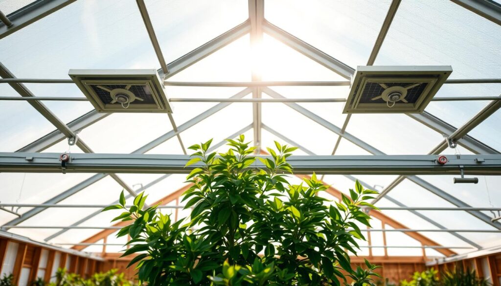 A bright, airy greenhouse interior with a prominent roof vent system. The vent openings are visible, with mechanisms like crank handles or pneumatic actuators displayed. Crisp natural lighting filters through the transparent roof panels, creating a warm, inviting atmosphere. In the middle ground, lush, verdant foliage from the plants within the greenhouse adds a touch of vibrant greenery. The background features the structural framework of the greenhouse, perhaps wood or metal, showcasing the engineering behind the ventilation system. The overall scene conveys a sense of efficient climate control and passive airflow, essential for maintaining optimal growing conditions. A bright, airy greenhouse interior with a prominent roof vent system. The vent openings are visible, with mechanisms like crank handles or pneumatic actuators displayed. Crisp natural lighting filters through the transparent roof panels, creating a warm, inviting atmosphere. In the middle ground, lush, verdant foliage from the plants within the greenhouse adds a touch of vibrant greenery. The background features the structural framework of the greenhouse, perhaps wood or metal, showcasing the engineering behind the ventilation system. The overall scene conveys a sense of efficient climate control and passive airflow, essential for maintaining optimal growing conditions.