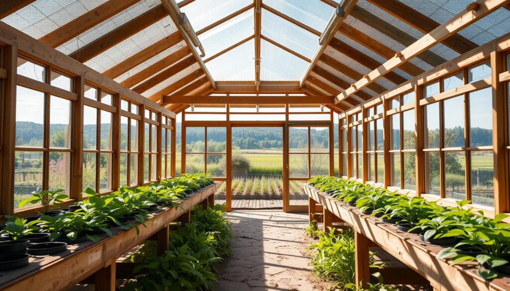 A bright, airy greenhouse space with a warm, inviting atmosphere. In the foreground, a wooden-framed lean-to structure with expansive windows allowing ample natural light to flood the interior. Rows of potting benches line the sides, creating ample workspace. The middle ground features lush, verdant plants in various stages of growth, their leaves gently swaying. The background showcases a picturesque garden landscape beyond, with a clear blue sky overhead. The lighting is soft and diffused, creating a serene, tranquil ambiance. The angle is slightly elevated, offering a panoramic view of the greenhouse's efficient and well-planned layout. A bright, airy greenhouse space with a warm, inviting atmosphere. In the foreground, a wooden-framed lean-to structure with expansive windows allowing ample natural light to flood the interior. Rows of potting benches line the sides, creating ample workspace. The middle ground features lush, verdant plants in various stages of growth, their leaves gently swaying. The background showcases a picturesque garden landscape beyond, with a clear blue sky overhead. The lighting is soft and diffused, creating a serene, tranquil ambiance. The angle is slightly elevated, offering a panoramic view of the greenhouse's efficient and well-planned layout.