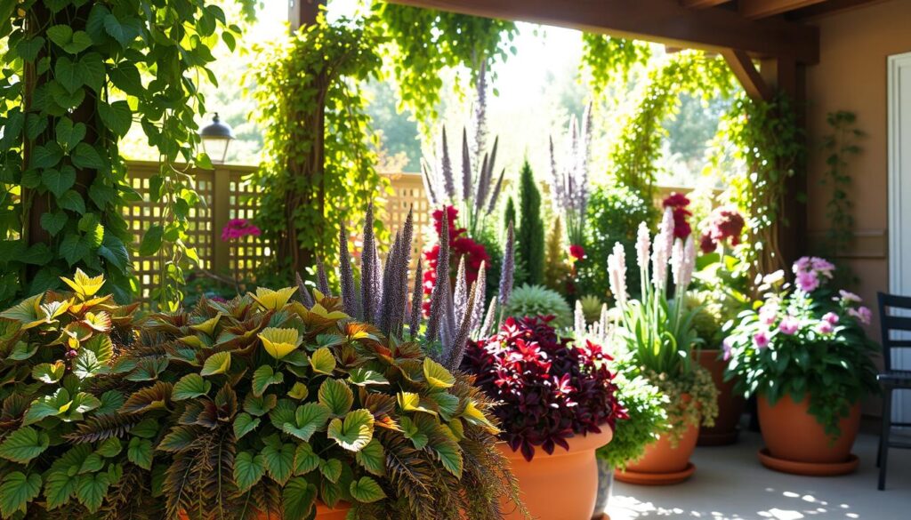 A bright, sun-dappled patio oasis, featuring a lush container garden ensemble. In the foreground, vibrant foliage in shades of green, bronze, and burgundy spills over the edges of terracotta planters. Towering behind, a mix of trailing vines, upright perennials, and trailing annuals create a cascading, visually striking display. Dappled sunlight filters through an overhead trellis, casting a gentle, warm glow across the scene. The overall mood is one of tranquility and natural beauty, inviting the viewer to step into this patio-perfect, part sun sanctuary. A bright, sun-dappled patio oasis, featuring a lush container garden ensemble. In the foreground, vibrant foliage in shades of green, bronze, and burgundy spills over the edges of terracotta planters. Towering behind, a mix of trailing vines, upright perennials, and trailing annuals create a cascading, visually striking display. Dappled sunlight filters through an overhead trellis, casting a gentle, warm glow across the scene. The overall mood is one of tranquility and natural beauty, inviting the viewer to step into this patio-perfect, part sun sanctuary.