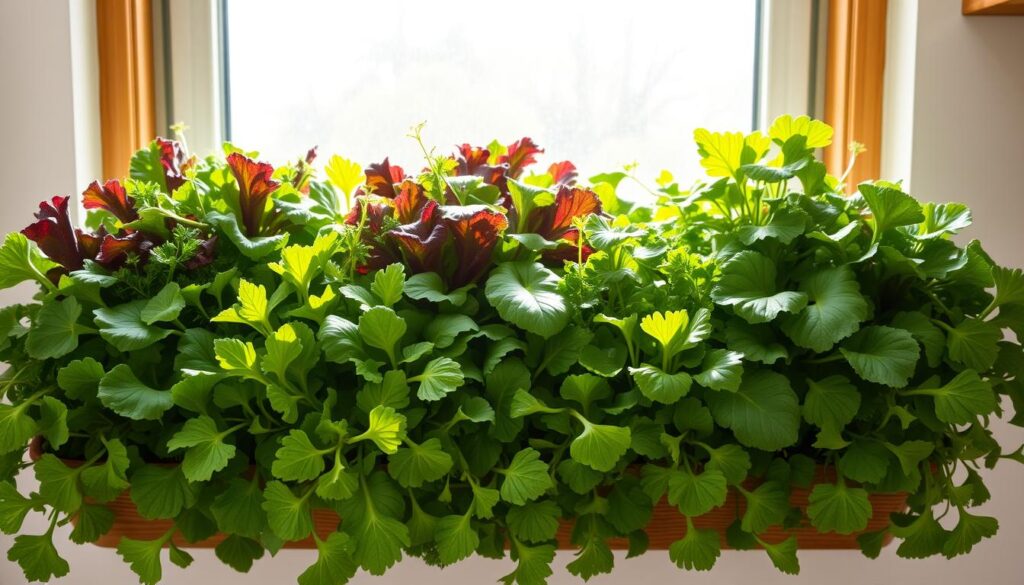 A bright, sun-drenched kitchen window box overflowing with lush, vibrant salad greens. In the foreground, a variety of leafy lettuces, kale, and arugula cascade gracefully, their deep green hues accentuated by the soft, diffused natural light filtering through the glass pane. In the middle ground, tender shoots of baby spinach and swiss chard sway gently, their delicate leaves catching the warm glow of the afternoon sun. The background features a clean, minimal windowsill, the wooden frame providing a rustic contrast to the verdant bounty spilling forth. The entire scene exudes a sense of freshness, abundance, and the joy of homegrown, sustainable produce at one's fingertips.