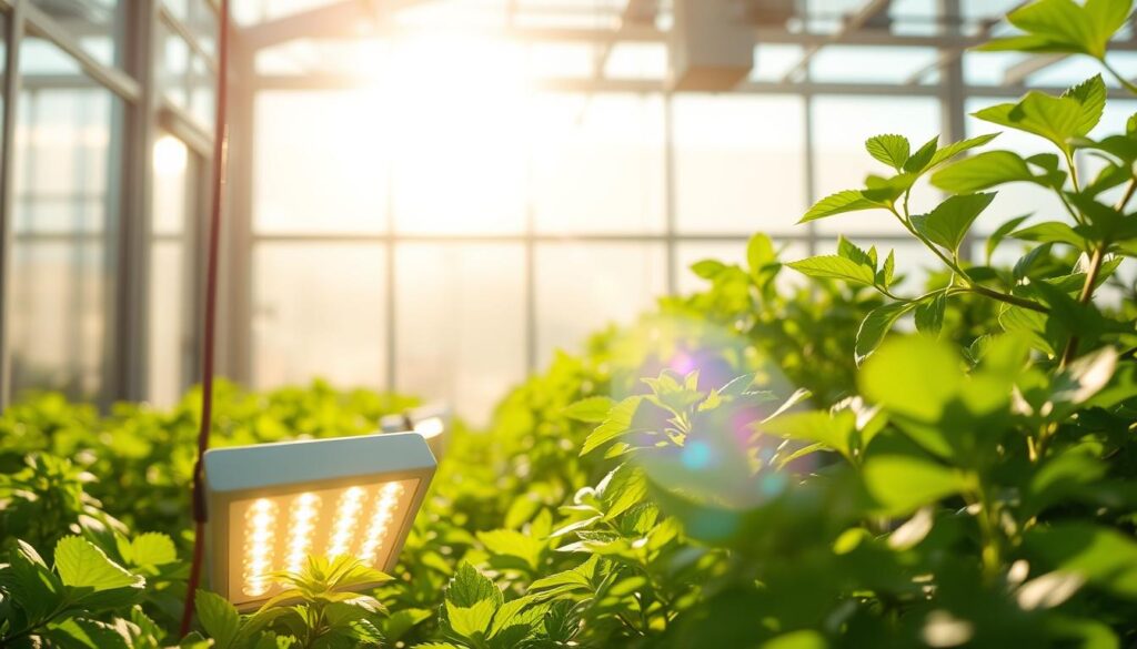 A bright, warm glow illuminating a lush, green hydroponic garden inside a modern greenhouse. The sunlight streams through the glass walls, casting a soft, natural light across the verdant leaves and nourishing the thriving plants. In the foreground, carefully positioned LED grow lights supplement the natural illumination, providing the optimal spectrum and intensity for efficient photosynthesis. The lighting creates a harmonious balance, allowing the hydroponics system to thrive and maximize its productivity. The overall scene exudes a sense of vitality, efficiency, and the perfect fusion of natural and artificial lighting for an optimized greenhouse environment. A bright, warm glow illuminating a lush, green hydroponic garden inside a modern greenhouse. The sunlight streams through the glass walls, casting a soft, natural light across the verdant leaves and nourishing the thriving plants. In the foreground, carefully positioned LED grow lights supplement the natural illumination, providing the optimal spectrum and intensity for efficient photosynthesis. The lighting creates a harmonious balance, allowing the hydroponics system to thrive and maximize its productivity. The overall scene exudes a sense of vitality, efficiency, and the perfect fusion of natural and artificial lighting for an optimized greenhouse environment.