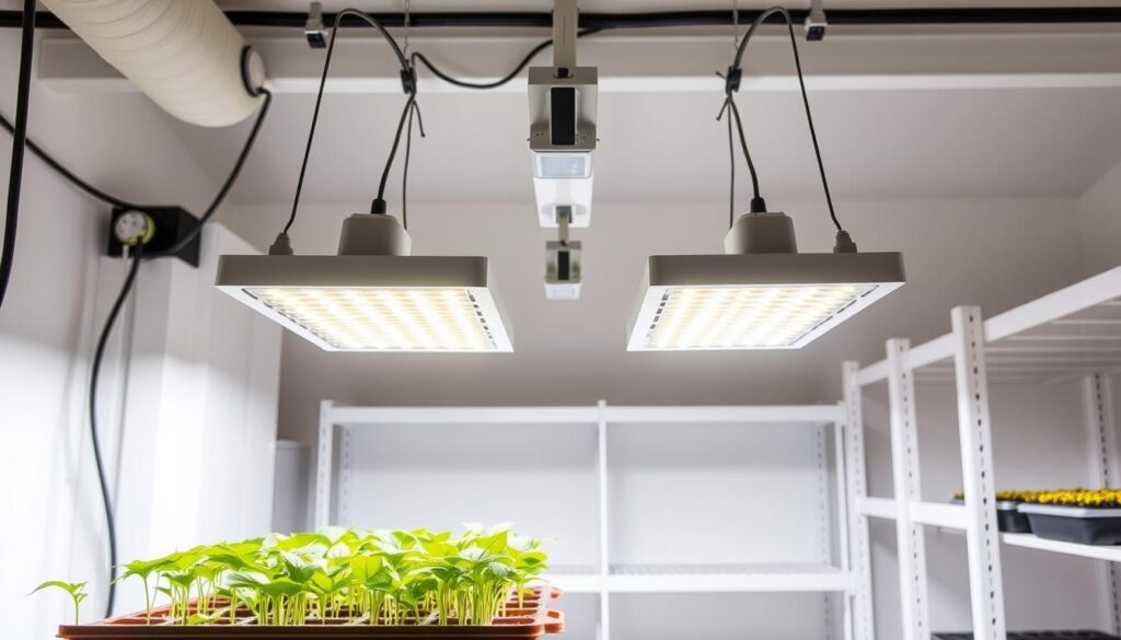 A bright, well-lit indoor grow station with a set of full-spectrum LED grow lights suspended from the ceiling, illuminating a tray of healthy, vibrant seedlings. The lights are positioned at an optimal height, casting an even, natural-looking glow over the young plants. In the background, clean white shelving units provide ample space for seed trays and other growing supplies. The overall atmosphere is one of productive, controlled growth - a DIY setup that will reliably nurture strong, stocky seedlings, preventing the leggy, stretched appearance often seen in store-bought kits. A bright, well-lit indoor grow station with a set of full-spectrum LED grow lights suspended from the ceiling, illuminating a tray of healthy, vibrant seedlings. The lights are positioned at an optimal height, casting an even, natural-looking glow over the young plants. In the background, clean white shelving units provide ample space for seed trays and other growing supplies. The overall atmosphere is one of productive, controlled growth - a DIY setup that will reliably nurture strong, stocky seedlings, preventing the leggy, stretched appearance often seen in store-bought kits.