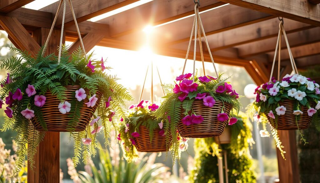 A charming arrangement of woven rattan hanging baskets, meticulously crafted, suspended from a rustic wooden pergola. The baskets brim with cascading greenery, lush ferns, and vibrant blooms in shades of pink, purple, and white. Warm sunlight filters through the slatted structure, casting a soft, golden glow and creating delicate shadows that dance across the scene. The composition is balanced, with the baskets positioned at varying heights, creating a visually captivating display. The overall mood is one of tranquility and natural beauty, perfectly suited for a cozy patio or small-space garden. A charming arrangement of woven rattan hanging baskets, meticulously crafted, suspended from a rustic wooden pergola. The baskets brim with cascading greenery, lush ferns, and vibrant blooms in shades of pink, purple, and white. Warm sunlight filters through the slatted structure, casting a soft, golden glow and creating delicate shadows that dance across the scene. The composition is balanced, with the baskets positioned at varying heights, creating a visually captivating display. The overall mood is one of tranquility and natural beauty, perfectly suited for a cozy patio or small-space garden.
