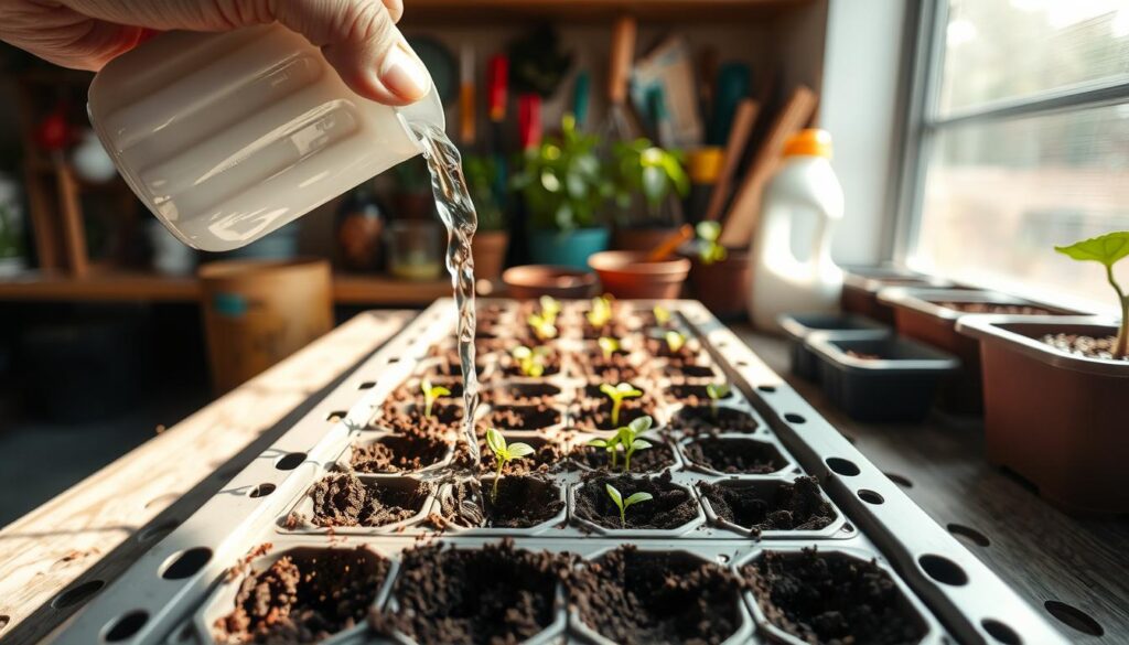A clean, well-organized seed starting station with a tray of soil-filled modules. In the foreground, a hand gently watering the modules from below, creating a gentle upwards flow of moisture. The lighting is soft and diffused, casting a warm, natural glow. In the background, various gardening tools and supplies are neatly arranged, conveying a sense of order and efficiency. The overall scene exudes a tranquil, nurturing atmosphere, perfectly suited for growing healthy seedlings. A clean, well-organized seed starting station with a tray of soil-filled modules. In the foreground, a hand gently watering the modules from below, creating a gentle upwards flow of moisture. The lighting is soft and diffused, casting a warm, natural glow. In the background, various gardening tools and supplies are neatly arranged, conveying a sense of order and efficiency. The overall scene exudes a tranquil, nurturing atmosphere, perfectly suited for growing healthy seedlings.