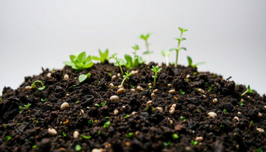 A close-up, detailed shot of a lush, vibrant growing medium composed of organic materials in a clean, well-lit studio setting. The foreground features a mixture of dark, nutrient-rich soil, peat moss, and vermiculite, meticulously blended to create a loose, airy texture ideal for propagating herbs. The middle ground showcases a variety of small plant cuttings and seeds nestled within the growing medium, hinting at the potential for new growth. The background is a plain, neutral backdrop that allows the subject to take center stage, with soft, even lighting from above to emphasize the natural textures and colors. The overall mood is one of anticipation and the promise of new life, highlighting the essential role of a well-chosen growing medium in successful herb propagation. A close-up, detailed shot of a lush, vibrant growing medium composed of organic materials in a clean, well-lit studio setting. The foreground features a mixture of dark, nutrient-rich soil, peat moss, and vermiculite, meticulously blended to create a loose, airy texture ideal for propagating herbs. The middle ground showcases a variety of small plant cuttings and seeds nestled within the growing medium, hinting at the potential for new growth. The background is a plain, neutral backdrop that allows the subject to take center stage, with soft, even lighting from above to emphasize the natural textures and colors. The overall mood is one of anticipation and the promise of new life, highlighting the essential role of a well-chosen growing medium in successful herb propagation.