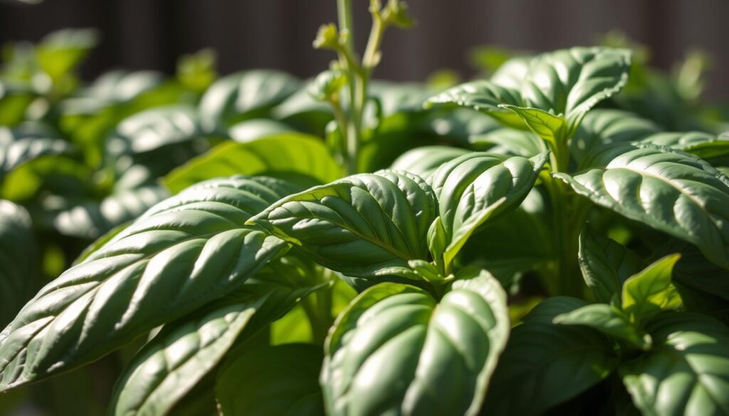A close-up, detailed view of fresh, vibrant basil leaves, their deep green hues and delicate veining capturing the essence of this aromatic herb. The leaves are positioned in the foreground, lit by soft, natural sunlight that casts gentle shadows, emphasizing their textures and contours. In the middle ground, a few basil stems emerge, their slender stalks supporting the lush foliage. The background is blurred, keeping the focus on the captivating basil leaves and their visual appeal. The overall mood is one of freshness, vitality, and the joy of tending to this versatile, flavorful plant. A close-up, detailed view of fresh, vibrant basil leaves, their deep green hues and delicate veining capturing the essence of this aromatic herb. The leaves are positioned in the foreground, lit by soft, natural sunlight that casts gentle shadows, emphasizing their textures and contours. In the middle ground, a few basil stems emerge, their slender stalks supporting the lush foliage. The background is blurred, keeping the focus on the captivating basil leaves and their visual appeal. The overall mood is one of freshness, vitality, and the joy of tending to this versatile, flavorful plant.