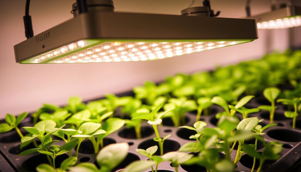 A close-up, high-resolution photograph of a modern LED grow light fixture designed specifically for seedling and plant propagation. The light is positioned at a slight downward angle, casting a warm, full-spectrum glow over a tray of lush, verdant seedlings. The LED bulbs have a clean, minimalist aesthetic with a sleek metal housing. The light is suspended from an adjustable mount, allowing for precise control of the distance between the light and the plants. The seedlings, in various stages of growth, are shown in the foreground, their delicate leaves basking in the optimal lighting conditions required for healthy, vigorous development. A close-up, high-resolution photograph of a modern LED grow light fixture designed specifically for seedling and plant propagation. The light is positioned at a slight downward angle, casting a warm, full-spectrum glow over a tray of lush, verdant seedlings. The LED bulbs have a clean, minimalist aesthetic with a sleek metal housing. The light is suspended from an adjustable mount, allowing for precise control of the distance between the light and the plants. The seedlings, in various stages of growth, are shown in the foreground, their delicate leaves basking in the optimal lighting conditions required for healthy, vigorous development.