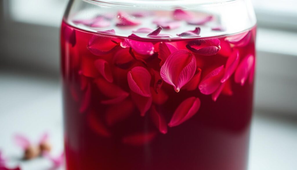 A close-up of a clear glass jar filled with a vibrant floral syrup. The syrup is a lush, deep red-violet color, infused with delicate edible flower petals that float gently within. Soft, diffused lighting illuminates the jar, creating a warm, inviting glow. The background is blurred, allowing the syrup to be the focal point. The jar's glass has a slight distortion, giving the impression of a vintage, handcrafted feel. The overall scene evokes a sense of natural, homemade elegance - the perfect accompaniment to cocktails, desserts, and other culinary creations.