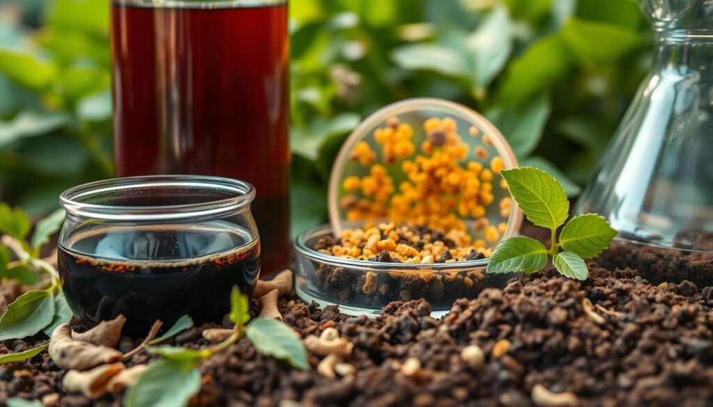 A close-up of a variety of natural fertilizer nutrients, including organic matter, nitrogen-fixing bacteria, and essential minerals. The foreground features a glass beaker filled with a rich, dark compost tea, surrounded by scattered leaves, plant stems, and soil crumbs. The middle ground showcases a petri dish with a vibrant culture of beneficial microbes, while the background depicts lush, verdant foliage and a warm, diffused lighting that creates a sense of vitality and growth. The overall composition emphasizes the diverse components that work together to create a thriving, nutrient-dense environment for plants to flourish. A close-up of a variety of natural fertilizer nutrients, including organic matter, nitrogen-fixing bacteria, and essential minerals. The foreground features a glass beaker filled with a rich, dark compost tea, surrounded by scattered leaves, plant stems, and soil crumbs. The middle ground showcases a petri dish with a vibrant culture of beneficial microbes, while the background depicts lush, verdant foliage and a warm, diffused lighting that creates a sense of vitality and growth. The overall composition emphasizes the diverse components that work together to create a thriving, nutrient-dense environment for plants to flourish.