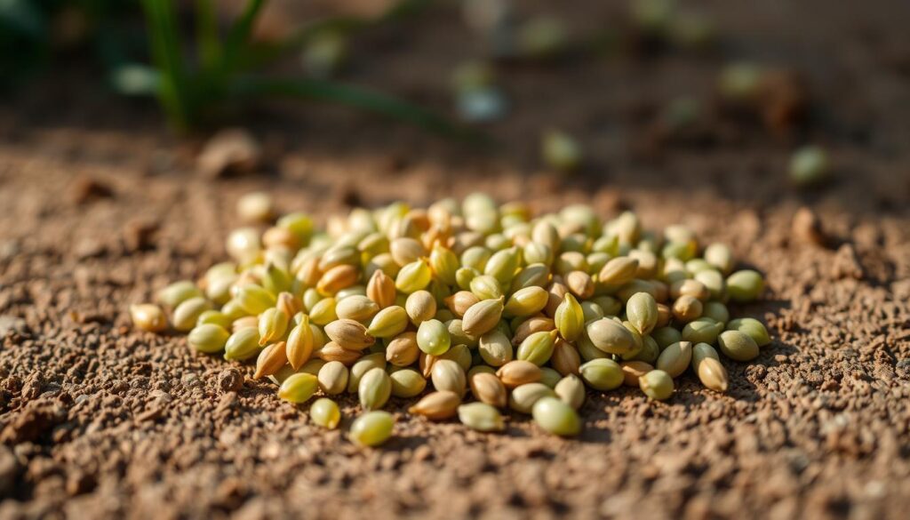 A close-up photograph of a handful of healthy, plump grass seeds in various shades of green and brown, scattered on a textured, earthy surface. The seeds are in sharp focus, with soft, natural lighting casting gentle shadows that accentuate their organic shapes and textures. The background is blurred, creating a sense of depth and emphasis on the foreground elements. The overall composition and lighting evoke a serene, tranquil mood, conveying the beauty and potential of the grass seed that will ultimately grow into a lush, vibrant lawn. A close-up photograph of a handful of healthy, plump grass seeds in various shades of green and brown, scattered on a textured, earthy surface. The seeds are in sharp focus, with soft, natural lighting casting gentle shadows that accentuate their organic shapes and textures. The background is blurred, creating a sense of depth and emphasis on the foreground elements. The overall composition and lighting evoke a serene, tranquil mood, conveying the beauty and potential of the grass seed that will ultimately grow into a lush, vibrant lawn.