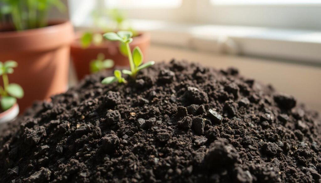 A close-up photograph of a pile of dark, nutrient-rich potting mix for seed starting. The mix is composed of peat moss, vermiculite, and compost, with a crumbly, airy texture. The lighting is natural, with soft, diffused illumination from a window, casting gentle shadows and highlighting the organic materials. The composition places the mix in the foreground, filling the frame, with a blurred, out-of-focus background to maintain the focus on the soil. The overall mood is one of earthy, natural simplicity, conveying the idea of nourishing, healthy soil for growing herbs and seedlings. A close-up photograph of a pile of dark, nutrient-rich potting mix for seed starting. The mix is composed of peat moss, vermiculite, and compost, with a crumbly, airy texture. The lighting is natural, with soft, diffused illumination from a window, casting gentle shadows and highlighting the organic materials. The composition places the mix in the foreground, filling the frame, with a blurred, out-of-focus background to maintain the focus on the soil. The overall mood is one of earthy, natural simplicity, conveying the idea of nourishing, healthy soil for growing herbs and seedlings.