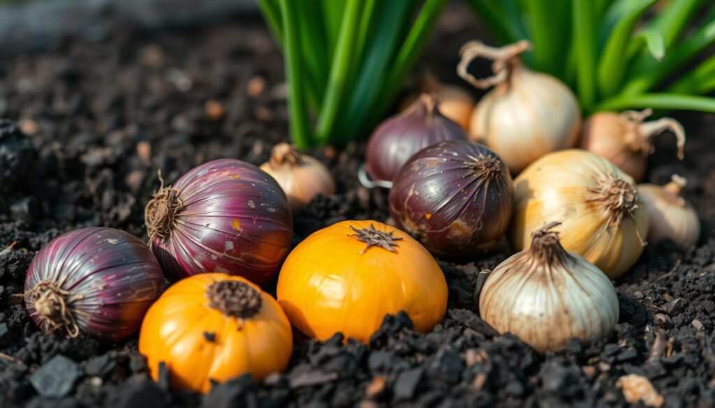 A close-up scene of vibrant, healthy bulbs nestled in rich, dark soil. The bulbs are varied in size and shape, with a range of hues from deep purple to sunny yellow. Soft, diffused lighting illuminates the textured surfaces, casting gentle shadows that accentuate the bulbs' natural contours. The composition features a clean, uncluttered foreground, with the bulbs taking center stage. The middle ground contains a hint of lush, verdant foliage, suggesting a flourishing garden setting. The background maintains a subtle, blurred quality, allowing the viewer to focus solely on the captivating details of the bulbs. An overall mood of tranquility and anticipation, hinting at the promise of new growth and the beauty that will soon unfold. A close-up scene of vibrant, healthy bulbs nestled in rich, dark soil. The bulbs are varied in size and shape, with a range of hues from deep purple to sunny yellow. Soft, diffused lighting illuminates the textured surfaces, casting gentle shadows that accentuate the bulbs' natural contours. The composition features a clean, uncluttered foreground, with the bulbs taking center stage. The middle ground contains a hint of lush, verdant foliage, suggesting a flourishing garden setting. The background maintains a subtle, blurred quality, allowing the viewer to focus solely on the captivating details of the bulbs. An overall mood of tranquility and anticipation, hinting at the promise of new growth and the beauty that will soon unfold.