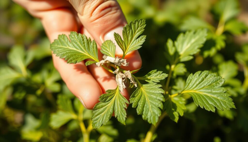 A close-up shot of a hand carelessly tearing a green herb leaf, causing visible damage to the fragile plant. The leaf is torn unevenly, revealing the delicate internal structures. The background is blurred, placing the focus on the improperly harvested leaf, conveying the sense of a missed opportunity to care for the plant. Warm, natural lighting casts soft shadows, adding depth and texture to the scene. The image evokes a feeling of concern for the well-being of the herb plant, highlighting the importance of mindful harvesting techniques. A close-up shot of a hand carelessly tearing a green herb leaf, causing visible damage to the fragile plant. The leaf is torn unevenly, revealing the delicate internal structures. The background is blurred, placing the focus on the improperly harvested leaf, conveying the sense of a missed opportunity to care for the plant. Warm, natural lighting casts soft shadows, adding depth and texture to the scene. The image evokes a feeling of concern for the well-being of the herb plant, highlighting the importance of mindful harvesting techniques.