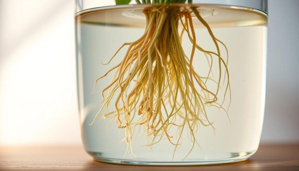 A close-up shot of a plant's root system suspended in a clear glass container filled with fresh water. The roots are delicate and fibrous, gently drifting and swaying in the gentle current. The water is still and clear, allowing the intricate root structure to be seen in vivid detail. Soft, natural lighting from the side casts a warm, ambient glow, highlighting the translucent, pale hues of the roots. The background is a simple, uncluttered setting, allowing the focus to remain on the captivating water-rooted plant. A close-up shot of a plant's root system suspended in a clear glass container filled with fresh water. The roots are delicate and fibrous, gently drifting and swaying in the gentle current. The water is still and clear, allowing the intricate root structure to be seen in vivid detail. Soft, natural lighting from the side casts a warm, ambient glow, highlighting the translucent, pale hues of the roots. The background is a simple, uncluttered setting, allowing the focus to remain on the captivating water-rooted plant.