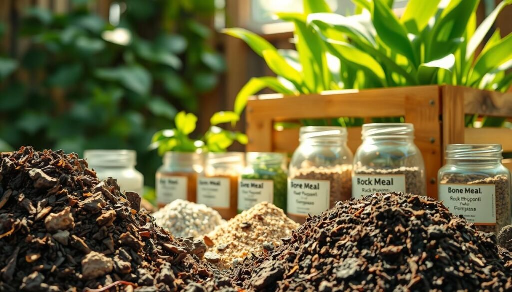 A close-up shot of organic fertilizers in a rustic, earthy setting. In the foreground, a pile of rich, dark compost with visible chunks of decomposed plant matter. Surrounding it, an assortment of natural ingredients like bone meal, rock phosphate, and kelp. The middle ground features an array of small glass jars filled with different organic soil amendments, their labels visible. In the background, a wooden crate overflows with vibrant green leaves, hinting at the lush, healthy plants that these fertilizers nourish. Warm, natural lighting casts a soft glow, emphasizing the textures and colors of the organic materials. The overall atmosphere conveys the harmony between nature and sustainable lawn care.