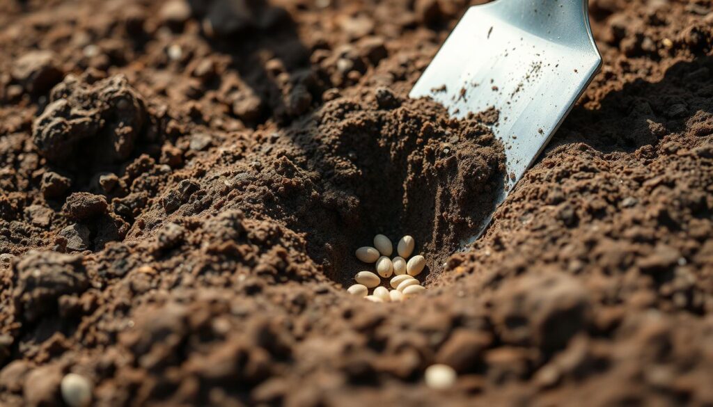 A close-up shot of soil being carefully parted with a trowel, revealing the optimal sowing depth for seeds. The soft, loamy texture of the earth is illuminated by natural sunlight, casting subtle shadows and highlighting the rich, dark hues. In the foreground, a handful of small seeds are delicately placed into the grooved soil, ready to be covered with a thin layer of earth. The background is blurred, placing the focus on the precise act of planting with attention to detail. The scene conveys a sense of care and mindfulness, essential for successful seed germination. A close-up shot of soil being carefully parted with a trowel, revealing the optimal sowing depth for seeds. The soft, loamy texture of the earth is illuminated by natural sunlight, casting subtle shadows and highlighting the rich, dark hues. In the foreground, a handful of small seeds are delicately placed into the grooved soil, ready to be covered with a thin layer of earth. The background is blurred, placing the focus on the precise act of planting with attention to detail. The scene conveys a sense of care and mindfulness, essential for successful seed germination.