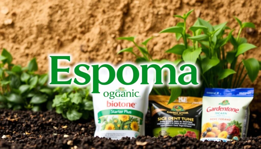 A close-up shot of the Espoma Organic logo and product packaging against a natural, earthy background. The foreground features the vibrant green Espoma logotype, with the "organic" text prominently displayed. The packaging showcases the company's flagship products like Bio-tone Starter Plus and Garden-tone, their signature organic fertilizer blends. The middle ground includes lush, verdant foliage, hinting at the natural, eco-friendly benefits of Espoma's offerings. The background is a soft, diffused landscape of soil, bark, and other organic materials, conveying the brand's commitment to sustainable, nature-based solutions for home gardens and indoor plants. A close-up shot of the Espoma Organic logo and product packaging against a natural, earthy background. The foreground features the vibrant green Espoma logotype, with the "organic" text prominently displayed. The packaging showcases the company's flagship products like Bio-tone Starter Plus and Garden-tone, their signature organic fertilizer blends. The middle ground includes lush, verdant foliage, hinting at the natural, eco-friendly benefits of Espoma's offerings. The background is a soft, diffused landscape of soil, bark, and other organic materials, conveying the brand's commitment to sustainable, nature-based solutions for home gardens and indoor plants.