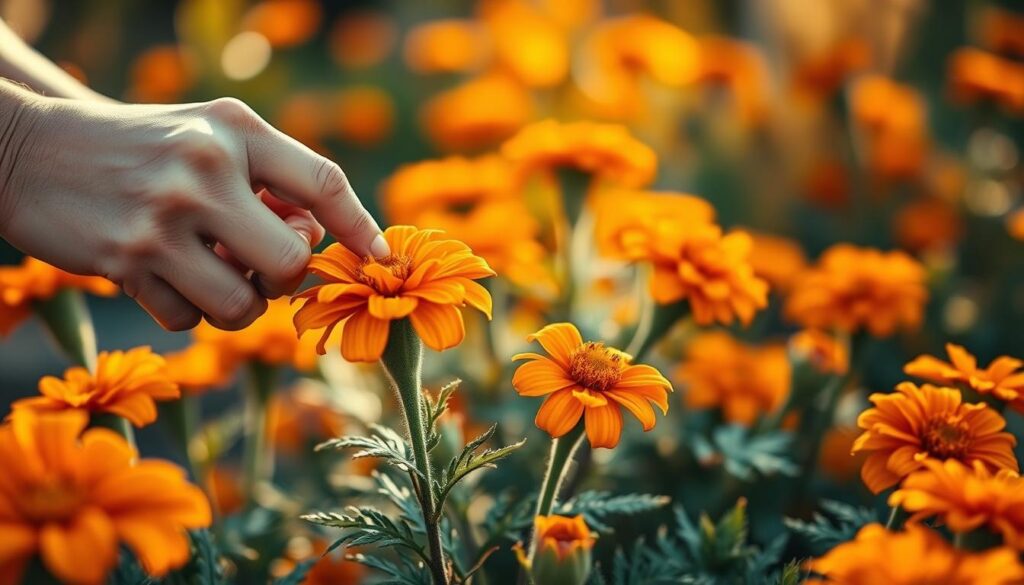 A close-up view of a gardener's hands carefully pinching off the spent flower heads of vibrant orange marigolds, their petals gently curling and fading. The foreground is in sharp focus, with the gardener's nimble fingers and the soft, fuzzy leaves of the plants in the midground. The background is blurred, creating a sense of peaceful solitude in the garden. Warm, diffused natural lighting illuminates the scene, casting a golden glow and enhancing the tactile, sensory experience of deadheading these cheerful flowers to encourage more blooms. Captured with a shallow depth of field and a macro lens, the image evokes the meditative, hands-on process of tending to a thriving garden. A close-up view of a gardener's hands carefully pinching off the spent flower heads of vibrant orange marigolds, their petals gently curling and fading. The foreground is in sharp focus, with the gardener's nimble fingers and the soft, fuzzy leaves of the plants in the midground. The background is blurred, creating a sense of peaceful solitude in the garden. Warm, diffused natural lighting illuminates the scene, casting a golden glow and enhancing the tactile, sensory experience of deadheading these cheerful flowers to encourage more blooms. Captured with a shallow depth of field and a macro lens, the image evokes the meditative, hands-on process of tending to a thriving garden.
