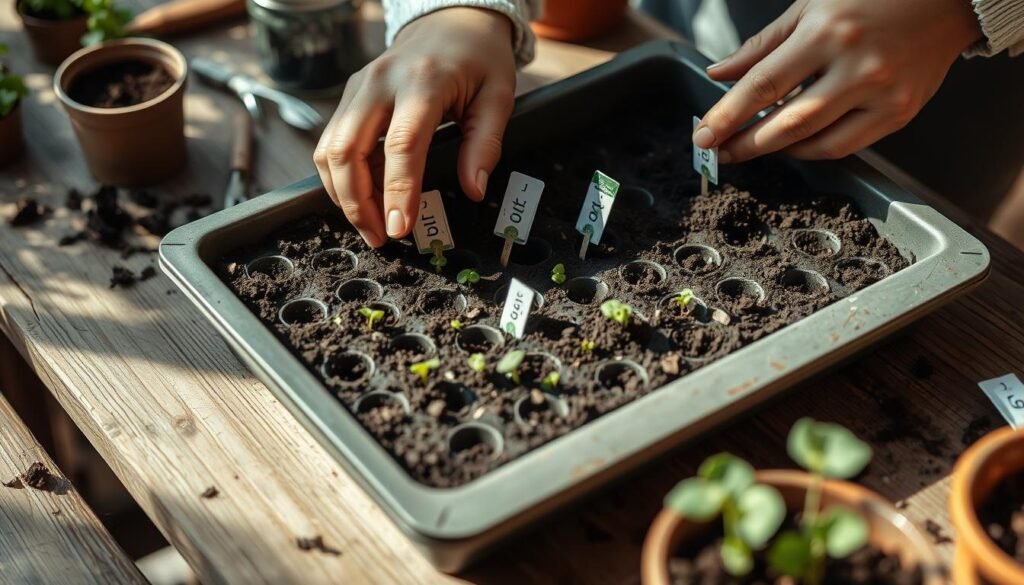 A close-up view of a gardener's hands carefully planting small seed packets into a tray of fresh, dark soil. Soft, natural lighting illuminates the delicate process, casting gentle shadows across the scene. The tray is positioned on a weathered wooden table, surrounded by various gardening tools and supplies. An air of focused concentration and anticipation pervades the tranquil setting, reflecting the hopeful beginnings of a new growing season.