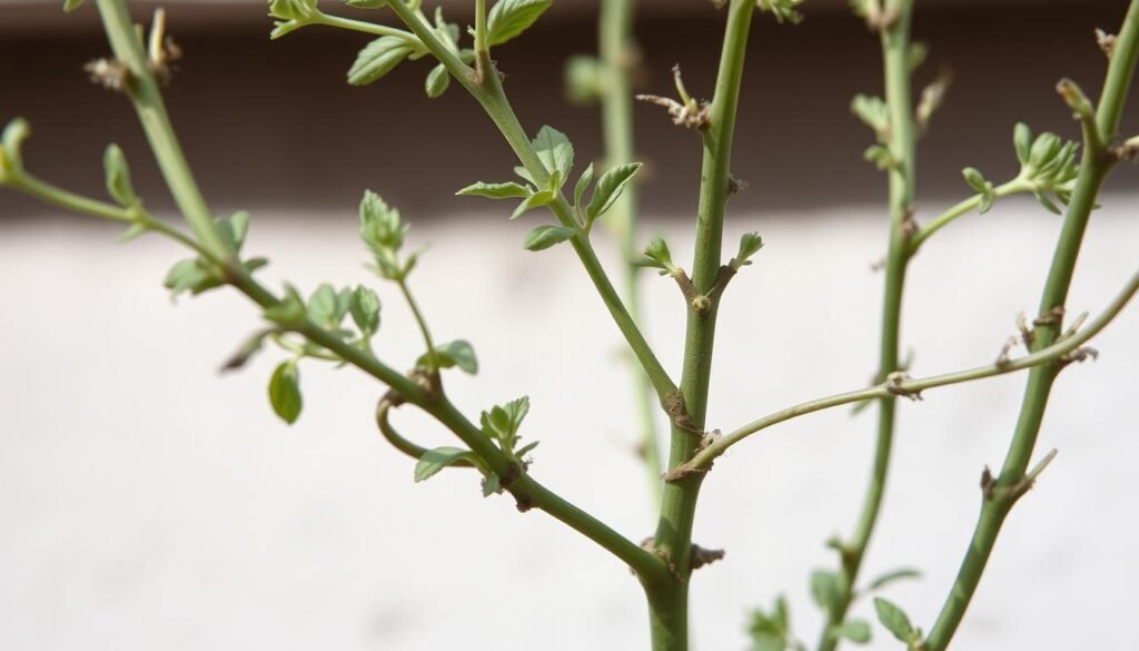 A close-up view of a herb plant, its branches pruned in an unnatural, stunted pattern. The foreground shows the distorted, twisted growth, with leaves and stems contorted unnaturally. The middle ground reveals the damaged sections, where cuts have been made incorrectly, hindering the plant's ability to thrive. The background is softly blurred, allowing the viewer to focus on the impaired growth structure. The lighting is natural, with soft, diffused shadows accentuating the textural details. The image conveys a sense of horticultural neglect, where well-intentioned but misguided pruning techniques have compromised the plant's healthy development. A close-up view of a herb plant, its branches pruned in an unnatural, stunted pattern. The foreground shows the distorted, twisted growth, with leaves and stems contorted unnaturally. The middle ground reveals the damaged sections, where cuts have been made incorrectly, hindering the plant's ability to thrive. The background is softly blurred, allowing the viewer to focus on the impaired growth structure. The lighting is natural, with soft, diffused shadows accentuating the textural details. The image conveys a sense of horticultural neglect, where well-intentioned but misguided pruning techniques have compromised the plant's healthy development.
