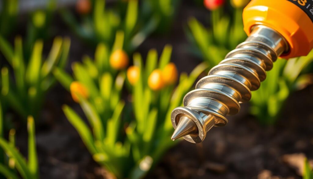 A close-up view of a sturdy steel bulb auger bit, its sharp spiral threads coated in a lustrous chrome finish. The tool is positioned in the foreground, illuminated by warm, directional lighting that casts dramatic shadows and highlights its intricate textures. In the middle ground, a lush, verdant garden bed provides a natural, earthy backdrop, hinting at the tool's intended purpose of effortlessly drilling holes for planting bulbs. The overall composition conveys a sense of precision, efficiency, and the joy of gardening, perfectly encapsulating the essence of the "Why a Bulb Auger Speeds Up Planting Without Sacrificing Bloom Quality" section. A close-up view of a sturdy steel bulb auger bit, its sharp spiral threads coated in a lustrous chrome finish. The tool is positioned in the foreground, illuminated by warm, directional lighting that casts dramatic shadows and highlights its intricate textures. In the middle ground, a lush, verdant garden bed provides a natural, earthy backdrop, hinting at the tool's intended purpose of effortlessly drilling holes for planting bulbs. The overall composition conveys a sense of precision, efficiency, and the joy of gardening, perfectly encapsulating the essence of the "Why a Bulb Auger Speeds Up Planting Without Sacrificing Bloom Quality" section.