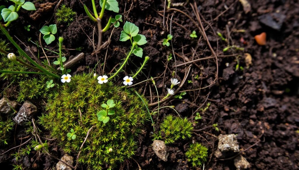 A close-up view of a thriving soil ecosystem, with a diverse array of plant life and decomposing organic matter. In the foreground, a carpet of moss and lichen clings to the soil, interspersed with delicate wildflowers and ferns. The middle ground reveals a tangle of fine roots and mycorrhizal networks, while the background showcases the rich, dark humus that provides the foundation for this self-sustaining micro-forest. The lighting is soft and diffused, capturing the intricate details and textures of the site-specific species. The overall mood is one of harmonious balance, highlighting the interconnectedness of this small-scale but vibrant natural community. A close-up view of a thriving soil ecosystem, with a diverse array of plant life and decomposing organic matter. In the foreground, a carpet of moss and lichen clings to the soil, interspersed with delicate wildflowers and ferns. The middle ground reveals a tangle of fine roots and mycorrhizal networks, while the background showcases the rich, dark humus that provides the foundation for this self-sustaining micro-forest. The lighting is soft and diffused, capturing the intricate details and textures of the site-specific species. The overall mood is one of harmonious balance, highlighting the interconnectedness of this small-scale but vibrant natural community.