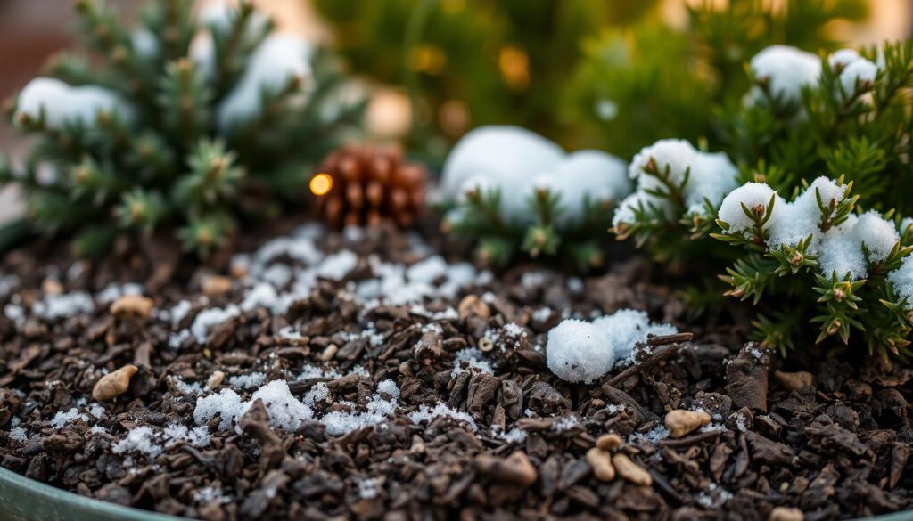 A close-up view of a winter container garden, showcasing a mix of soil, snow, and evergreen plants. The foreground displays rich, textured soil with a light dusting of fresh snow, contrasting with the verdant foliage of hardy, evergreen shrubs and plants. In the middle ground, a few small decorative pinecones or other natural accents add a touch of seasonal flair. Warm, soft lighting casts a gentle glow, creating a cozy, inviting atmosphere. The background is subtly blurred, allowing the container and its contents to be the focal point. The overall composition emphasizes the resilience and beauty of container gardening during the winter months. A close-up view of a winter container garden, showcasing a mix of soil, snow, and evergreen plants. The foreground displays rich, textured soil with a light dusting of fresh snow, contrasting with the verdant foliage of hardy, evergreen shrubs and plants. In the middle ground, a few small decorative pinecones or other natural accents add a touch of seasonal flair. Warm, soft lighting casts a gentle glow, creating a cozy, inviting atmosphere. The background is subtly blurred, allowing the container and its contents to be the focal point. The overall composition emphasizes the resilience and beauty of container gardening during the winter months.