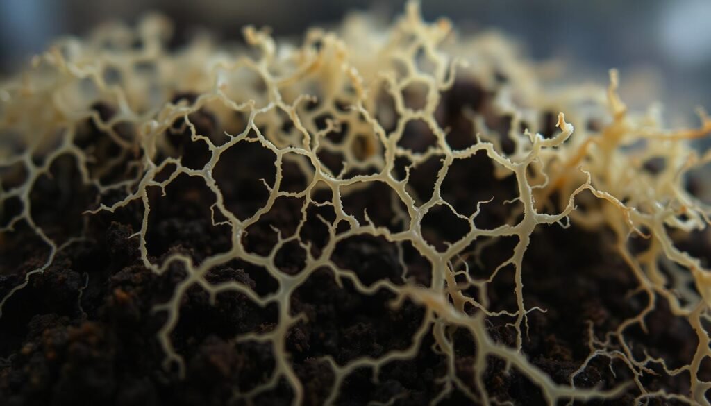 A close-up view of delicate, intertwined mycelial strands, casting an intricate, organic web across a dark, nutrient-rich soil. The mycelium appears vibrant, with a translucent, ghostly quality, illuminated by soft, diffuse lighting that highlights the intricate, branching patterns. The background is hazy and indistinct, allowing the subject to take center stage. The overall mood is one of quiet contemplation, inviting the viewer to appreciate the beauty and complexity of this fundamental building block of the fungal kingdom. A close-up view of delicate, intertwined mycelial strands, casting an intricate, organic web across a dark, nutrient-rich soil. The mycelium appears vibrant, with a translucent, ghostly quality, illuminated by soft, diffuse lighting that highlights the intricate, branching patterns. The background is hazy and indistinct, allowing the subject to take center stage. The overall mood is one of quiet contemplation, inviting the viewer to appreciate the beauty and complexity of this fundamental building block of the fungal kingdom.