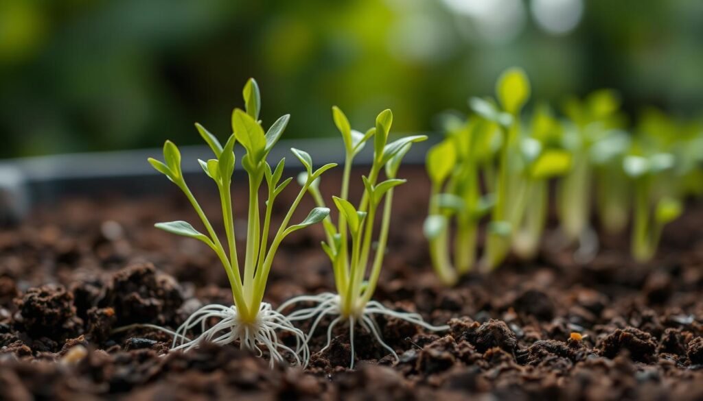 A close-up view of lush, healthy seedlings emerging from a rich, loamy potting mix. The foreground features a cluster of verdant, slender stems with delicate leaves unfurling in the soft, diffused light. The middle ground showcases the root system pushing through the soil, revealing the intricate network of fine, white tendrils. In the background, a blurred, out-of-focus backdrop suggests a serene, natural environment. The scene is captured with a shallow depth of field, creating a sense of focus and attention on the captivating details of the germinating plants. The overall mood is one of vibrant growth, potential, and the promise of a bountiful harvest to come.