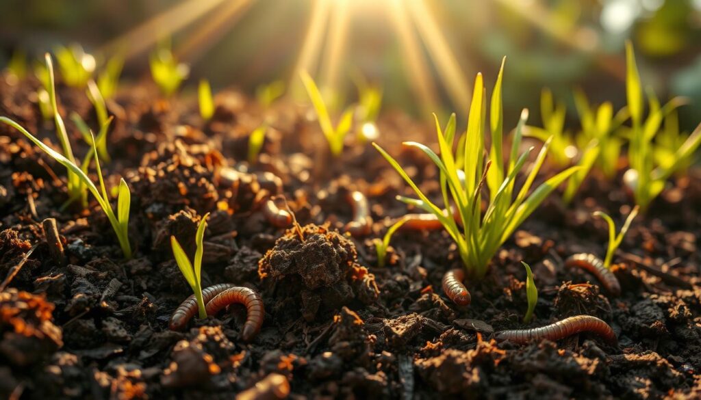 A close-up view of nutrient-rich soil bursting with life. In the foreground, a teeming mix of dark, crumbly compost and moist, earthy humus, dotted with vibrant green shoots and roots. Wriggling earthworms and bustling microbes are visible, their activity bringing the soil to life. Beams of warm, golden sunlight filter through the background, casting a soft, energizing glow. The scene conveys a sense of dormant potential awakening, ready to nourish and sustain new growth. A close-up view of nutrient-rich soil bursting with life. In the foreground, a teeming mix of dark, crumbly compost and moist, earthy humus, dotted with vibrant green shoots and roots. Wriggling earthworms and bustling microbes are visible, their activity bringing the soil to life. Beams of warm, golden sunlight filter through the background, casting a soft, energizing glow. The scene conveys a sense of dormant potential awakening, ready to nourish and sustain new growth.