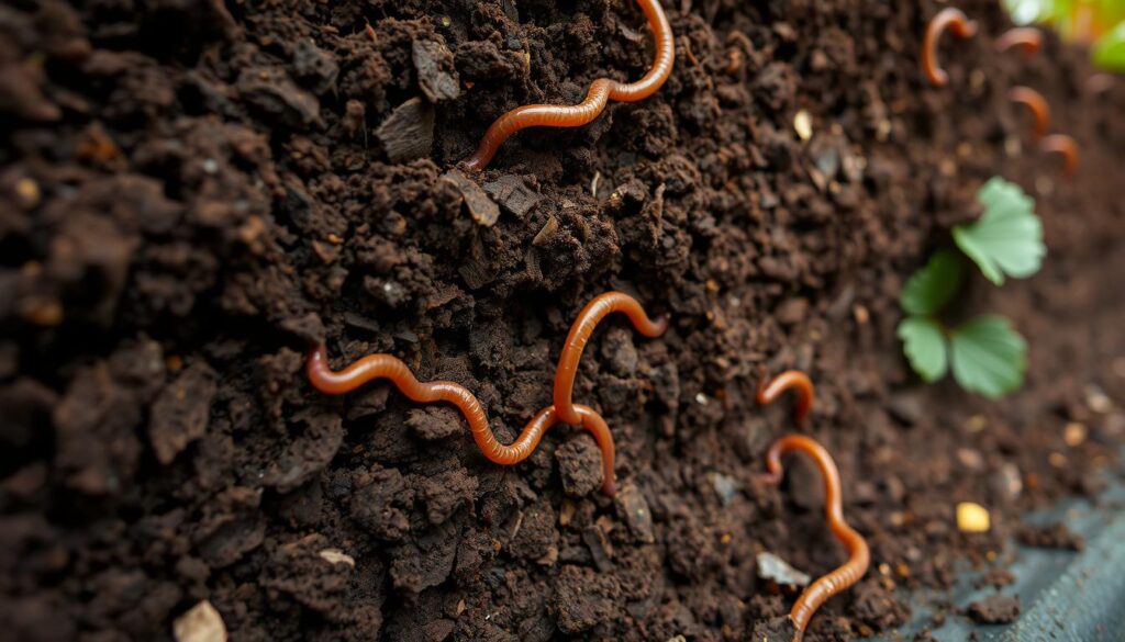 A close-up view of rich, dark brown soil with a visible layer of organic matter and healthy earthworms wriggling through it. The soil is moist and crumbly, with a warm, earthy scent. The camera angle is low, highlighting the intricate texture and structure of the soil, as if the viewer is looking down on a thriving, nourishing foundation for a lush, productive strawberry tower. Natural, diffused lighting casts soft shadows, emphasizing the depth and depth of the soil. The overall scene conveys a sense of vitality, fertility, and the promise of a bountiful harvest to come. A close-up view of rich, dark brown soil with a visible layer of organic matter and healthy earthworms wriggling through it. The soil is moist and crumbly, with a warm, earthy scent. The camera angle is low, highlighting the intricate texture and structure of the soil, as if the viewer is looking down on a thriving, nourishing foundation for a lush, productive strawberry tower. Natural, diffused lighting casts soft shadows, emphasizing the depth and depth of the soil. The overall scene conveys a sense of vitality, fertility, and the promise of a bountiful harvest to come.