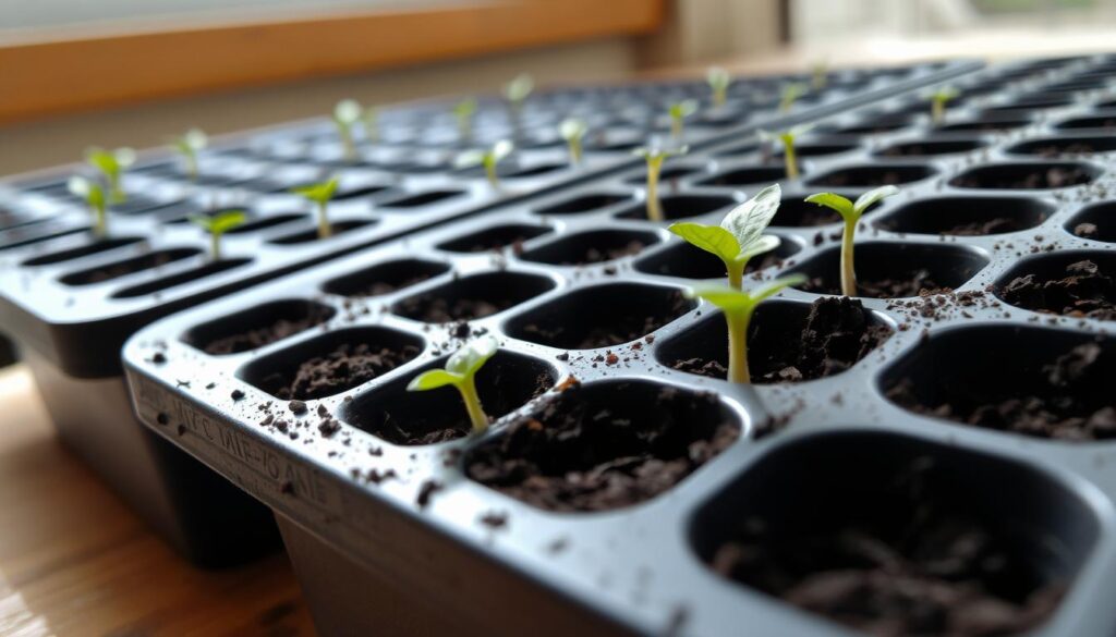 A close-up view of seed starting trays, with several small seedlings emerging from the soil. The trays are situated on a wooden surface, with soft natural lighting filtering in from a window in the background. The soil is moist and dark, with droplets of water visible on the tender leaves of the seedlings. The scene conveys a sense of nurturing growth and delicate new life, highlighting the importance of consistent moisture for successful seed germination. A close-up view of seed starting trays, with several small seedlings emerging from the soil. The trays are situated on a wooden surface, with soft natural lighting filtering in from a window in the background. The soil is moist and dark, with droplets of water visible on the tender leaves of the seedlings. The scene conveys a sense of nurturing growth and delicate new life, highlighting the importance of consistent moisture for successful seed germination.