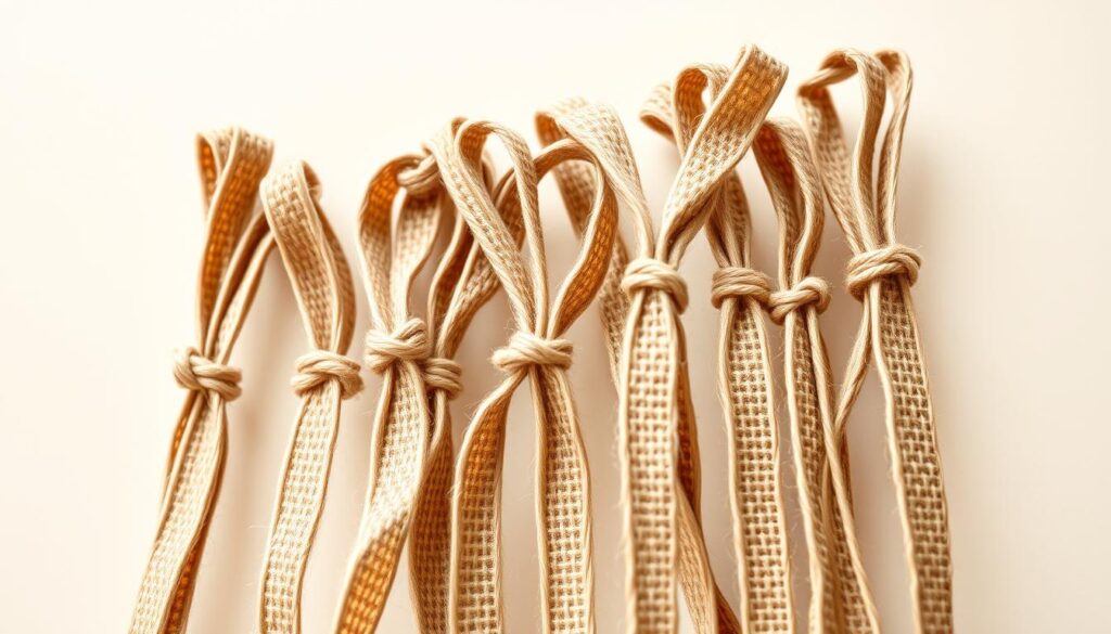 A close-up view of several plant support ties made of flexible, biodegradable materials such as jute, hemp, or soft cotton. The ties are shown in a natural, earthy color palette, arranged in an organized, almost artistic composition. The ties are presented against a plain, neutral background, allowing the viewer to focus on their simple, yet functional design. The lighting is soft and diffused, highlighting the natural textures and creating a warm, inviting atmosphere. The angle is slightly elevated, giving the viewer a sense of the delicate, yet sturdy nature of the plant support ties. A close-up view of several plant support ties made of flexible, biodegradable materials such as jute, hemp, or soft cotton. The ties are shown in a natural, earthy color palette, arranged in an organized, almost artistic composition. The ties are presented against a plain, neutral background, allowing the viewer to focus on their simple, yet functional design. The lighting is soft and diffused, highlighting the natural textures and creating a warm, inviting atmosphere. The angle is slightly elevated, giving the viewer a sense of the delicate, yet sturdy nature of the plant support ties.