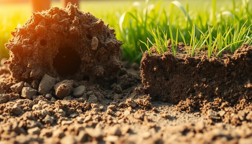 A close-up view of soil core aeration, with soil compaction and thatch visibly broken up. The scene is illuminated by warm, natural lighting, creating a sense of depth and texture. The foreground showcases the freshly aerated soil, revealing the intricate network of pores and channels. In the middle ground, the soil is shown in cross-section, displaying the improved soil structure and root penetration. The background hints at a lush, green lawn, suggesting the positive impact of this soil restoration technique. The overall composition conveys a sense of transformation and renewed growth, reflecting the subject's "Grass finally started growing after I addressed compaction" theme.
