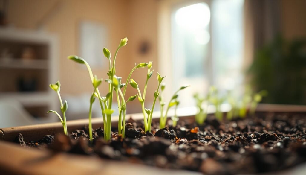 A close-up view of vibrant green seedlings sprouting from a rich, earthy soil in a wooden planter. The delicate stems and leaves gently unfurl, bathed in soft, natural light filtering through a window. In the background, a blurred, minimalist interior with warm, neutral tones sets a calming, serene atmosphere. The composition emphasizes the fragile beauty and potential of the nascent herbs, inviting the viewer to appreciate the wonder of new growth. Captured with a shallow depth of field, this image conveys the nurturing, tranquil experience of cultivating plants from seed to table. A close-up view of vibrant green seedlings sprouting from a rich, earthy soil in a wooden planter. The delicate stems and leaves gently unfurl, bathed in soft, natural light filtering through a window. In the background, a blurred, minimalist interior with warm, neutral tones sets a calming, serene atmosphere. The composition emphasizes the fragile beauty and potential of the nascent herbs, inviting the viewer to appreciate the wonder of new growth. Captured with a shallow depth of field, this image conveys the nurturing, tranquil experience of cultivating plants from seed to table.