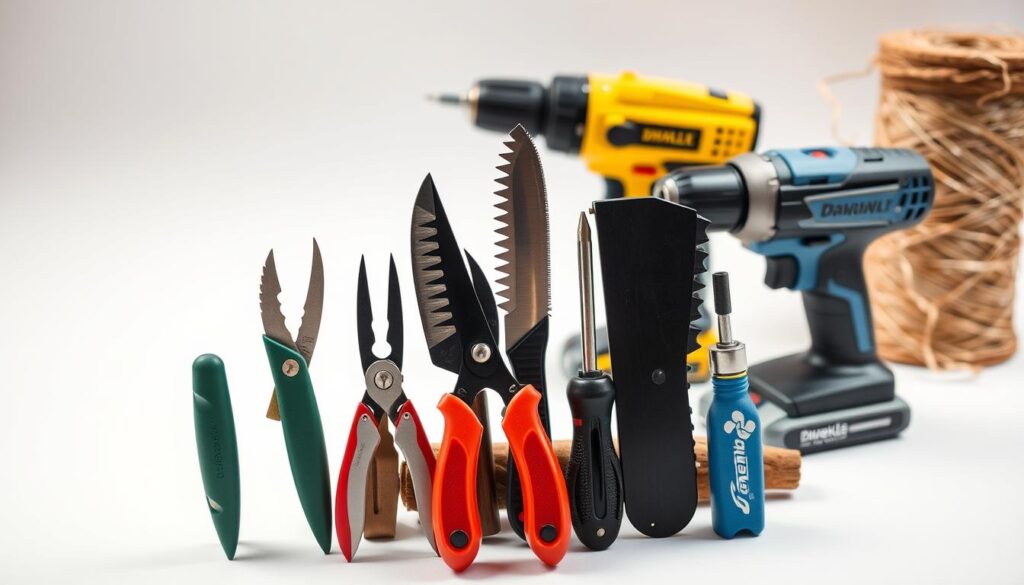 A collection of essential multipurpose tools for small-space DIY projects, meticulously arranged against a clean, minimalist backdrop. In the foreground, a hand pruner, secateurs, and a compact folding saw stand ready for gardening tasks. In the middle ground, a versatile utility knife, a mini screwdriver set, and a compact hammer command attention. In the background, a portable power drill and a roll of twine hint at the diverse projects these tools can tackle, all bathed in soft, natural lighting that highlights their utilitarian beauty. A collection of essential multipurpose tools for small-space DIY projects, meticulously arranged against a clean, minimalist backdrop. In the foreground, a hand pruner, secateurs, and a compact folding saw stand ready for gardening tasks. In the middle ground, a versatile utility knife, a mini screwdriver set, and a compact hammer command attention. In the background, a portable power drill and a roll of twine hint at the diverse projects these tools can tackle, all bathed in soft, natural lighting that highlights their utilitarian beauty.
