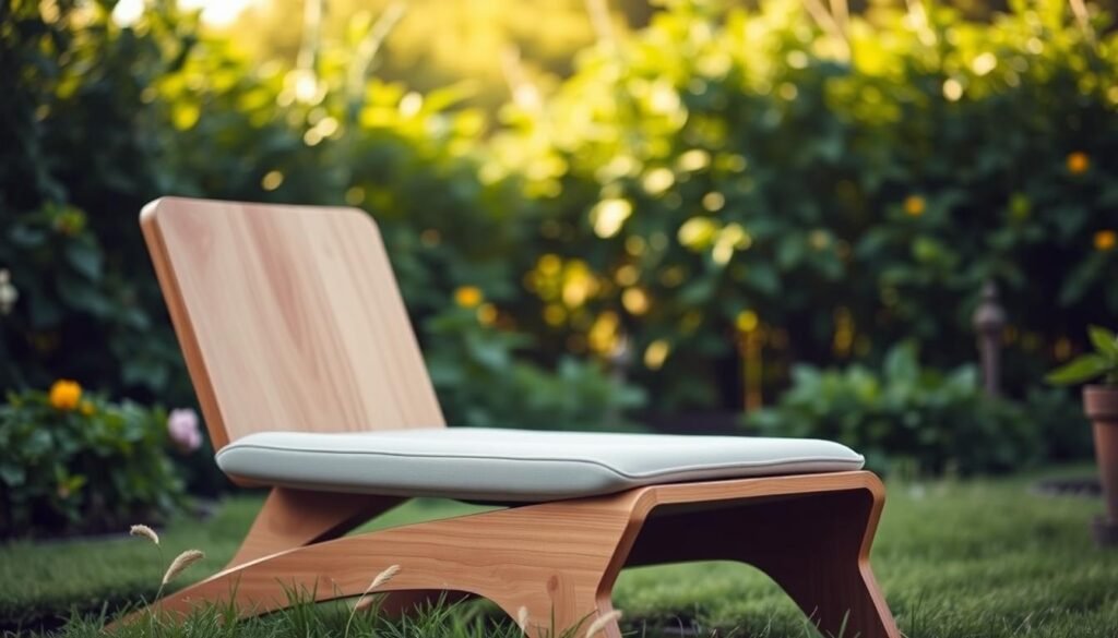 A combination kneeler and seat, meticulously crafted with a sturdy wooden frame and a soft, padded cushion. The foreground showcases the seat, elegantly designed with a gentle curve to support the user's back, while the kneeler section provides a comfortable platform for gardening tasks. The middle ground highlights the sleek, minimalist aesthetic, with clean lines and a natural wood finish that seamlessly blends into the lush, verdant background of a well-tended garden. Soft, diffused lighting casts a warm, inviting glow, creating an atmosphere of tranquility and ease. The overall composition conveys a sense of rejuvenation and pain-free gardening, perfectly capturing the essence of the article's subject and section title.