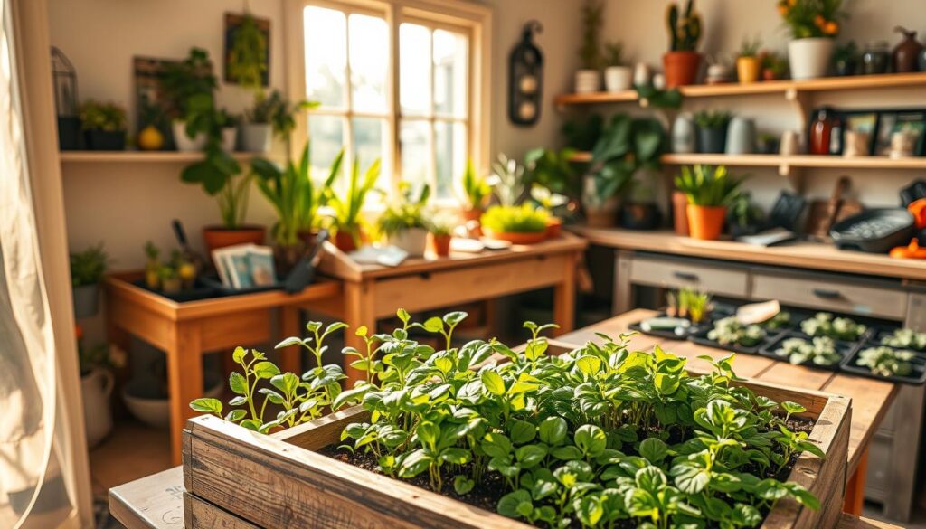 A cozy DIY seed station filled with lush green seedlings, basking in warm, natural light streaming through a large window. The foreground features a wooden planter box overflowing with vibrant, healthy sprouts of various vegetables and herbs. In the middle ground, a rustic workbench displays an array of gardening tools and seed packets, meticulously organized. The background showcases a soothing, earthy-toned room, with shelves of potted plants and garden supplies, creating an inviting, nurturing atmosphere. The overall scene conveys a sense of tranquility, productivity, and the pride of cultivating one's own thriving seedlings. A cozy DIY seed station filled with lush green seedlings, basking in warm, natural light streaming through a large window. The foreground features a wooden planter box overflowing with vibrant, healthy sprouts of various vegetables and herbs. In the middle ground, a rustic workbench displays an array of gardening tools and seed packets, meticulously organized. The background showcases a soothing, earthy-toned room, with shelves of potted plants and garden supplies, creating an inviting, nurturing atmosphere. The overall scene conveys a sense of tranquility, productivity, and the pride of cultivating one's own thriving seedlings.