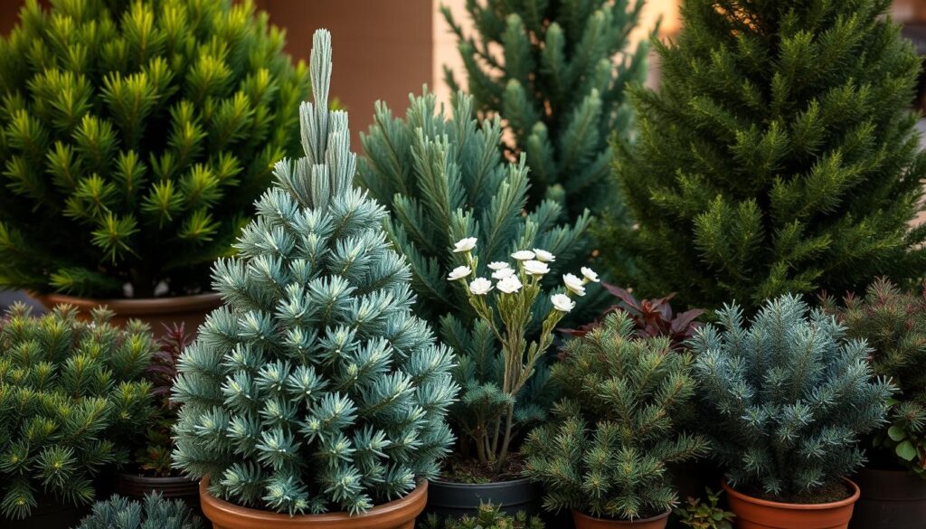 A cozy and inviting container garden filled with a variety of evergreen conifers and broadleaf plants. In the foreground, a potted dwarf Alberta spruce stands tall, its soft green needles glistening in the gentle light. Surrounding it are smaller potted juniper and cypress, their textures and hues creating a harmonious tapestry. In the middle ground, a lush Skimmia shrub with its glossy evergreen leaves and delicate white blooms adds a touch of elegance. In the background, a towering Noble fir tree frames the scene, its majestic silhouette reaching towards the sky. The entire composition is bathed in a warm, ambient lighting, casting gentle shadows and highlighting the natural beauty of these resilient, year-round plants. A cozy and inviting container garden filled with a variety of evergreen conifers and broadleaf plants. In the foreground, a potted dwarf Alberta spruce stands tall, its soft green needles glistening in the gentle light. Surrounding it are smaller potted juniper and cypress, their textures and hues creating a harmonious tapestry. In the middle ground, a lush Skimmia shrub with its glossy evergreen leaves and delicate white blooms adds a touch of elegance. In the background, a towering Noble fir tree frames the scene, its majestic silhouette reaching towards the sky. The entire composition is bathed in a warm, ambient lighting, casting gentle shadows and highlighting the natural beauty of these resilient, year-round plants.