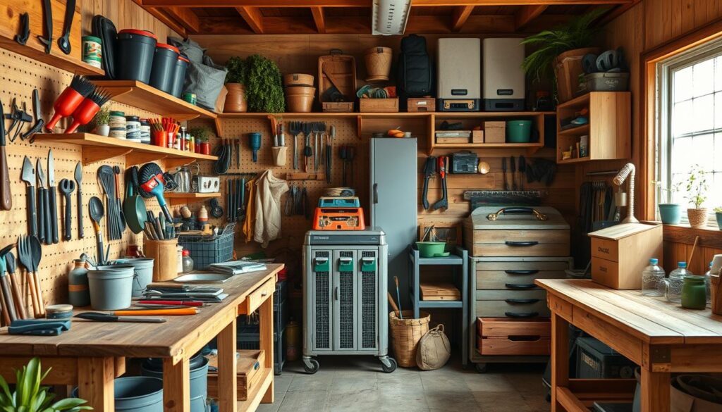 A cozy and organized DIY workshop filled with an array of homemade storage solutions. In the foreground, a sturdy wooden workbench adorned with handcrafted shelves, pegboards, and repurposed containers to neatly store an assortment of gardening tools, supplies, and small equipment. The middle ground showcases a mix of rustic and industrial-style storage units, including a metal rolling cart, a wall-mounted cabinet, and a set of wooden crates. The background features a window letting in warm, natural lighting that illuminates the space, creating a welcoming and inspiring atmosphere for a weekend DIY project. The scene conveys a sense of efficiency, resourcefulness, and a passion for crafting personalized storage solutions. A cozy and organized DIY workshop filled with an array of homemade storage solutions. In the foreground, a sturdy wooden workbench adorned with handcrafted shelves, pegboards, and repurposed containers to neatly store an assortment of gardening tools, supplies, and small equipment. The middle ground showcases a mix of rustic and industrial-style storage units, including a metal rolling cart, a wall-mounted cabinet, and a set of wooden crates. The background features a window letting in warm, natural lighting that illuminates the space, creating a welcoming and inspiring atmosphere for a weekend DIY project. The scene conveys a sense of efficiency, resourcefulness, and a passion for crafting personalized storage solutions.