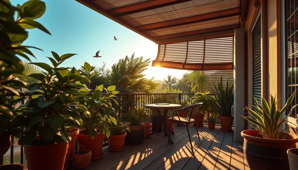 A cozy balcony oasis, sun-dappled and serene. In the foreground, lush potted plants cast soft, angled shadows on the weathered wooden deck. Midground, a small table with a pair of chairs, their seats bathed in warm, golden light. In the background, a slatted shade structure filters the intense afternoon heat, creating pockets of cool, shaded respite. Gentle breezes rustle the foliage, as birds chirp softly in the distance. The mood is one of tranquility and comfort, inviting the viewer to linger and savor the peaceful atmosphere. A cozy balcony oasis, sun-dappled and serene. In the foreground, lush potted plants cast soft, angled shadows on the weathered wooden deck. Midground, a small table with a pair of chairs, their seats bathed in warm, golden light. In the background, a slatted shade structure filters the intense afternoon heat, creating pockets of cool, shaded respite. Gentle breezes rustle the foliage, as birds chirp softly in the distance. The mood is one of tranquility and comfort, inviting the viewer to linger and savor the peaceful atmosphere.