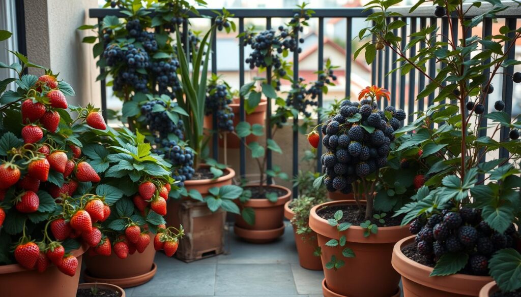 A cozy balcony setting, with a collection of terracotta pots and planters arranged in a harmonious layout. In the foreground, lush strawberry plants cascade over the edges, their vibrant red berries glistening in the warm, soft lighting. In the middle ground, blueberry bushes with clusters of plump, dusky-blue fruits stand tall, their leaves rustling gently in a gentle breeze. Tucked away in a corner, a dwarf mulberry tree spreads its branches, its deep purple-black berries peeking out invitingly. The background features a subtle urban landscape, with the balcony's railings and a few distant buildings providing a sense of place. The overall mood is one of tranquility, abundance, and the joy of small-space gardening. A cozy balcony setting, with a collection of terracotta pots and planters arranged in a harmonious layout. In the foreground, lush strawberry plants cascade over the edges, their vibrant red berries glistening in the warm, soft lighting. In the middle ground, blueberry bushes with clusters of plump, dusky-blue fruits stand tall, their leaves rustling gently in a gentle breeze. Tucked away in a corner, a dwarf mulberry tree spreads its branches, its deep purple-black berries peeking out invitingly. The background features a subtle urban landscape, with the balcony's railings and a few distant buildings providing a sense of place. The overall mood is one of tranquility, abundance, and the joy of small-space gardening.