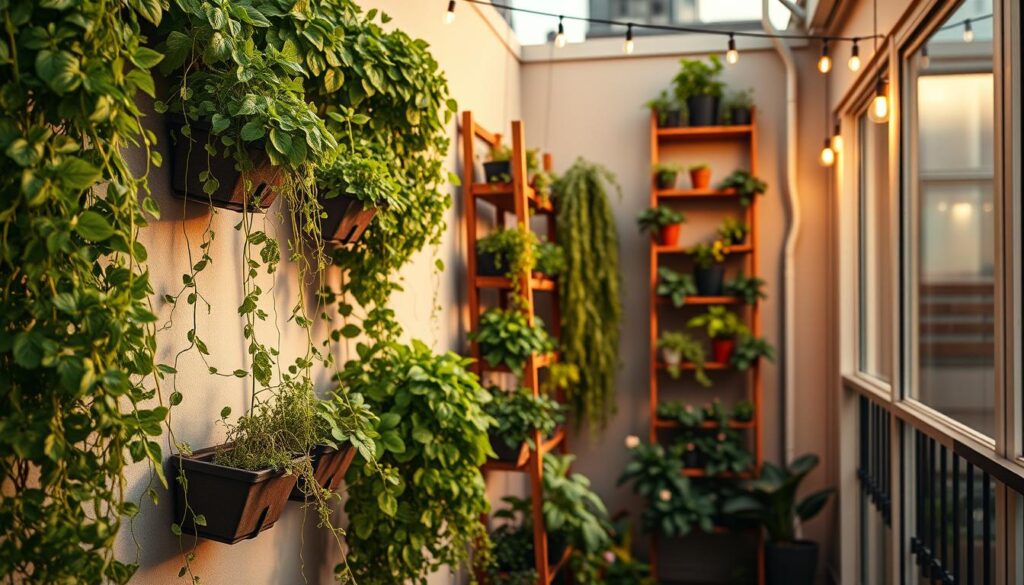 A cozy balcony with a stunning vertical garden, bathed in warm, soft lighting. In the foreground, a series of wall-mounted planters overflow with lush, cascading greenery. Trailing vines and leafy herbs spill over the edges, creating a verdant, textured display. In the middle ground, a tall, wooden ladder-style planter rises up the wall, its various shelves filled with thriving vegetables and flowers. Overhead, delicate string lights dangle, adding a gentle glow to the scene. The background features a simple, uncluttered urban backdrop, allowing the vibrant, living wall to take center stage. The overall atmosphere is one of tranquility, productivity, and a harmonious integration of nature and small-space living. A cozy balcony with a stunning vertical garden, bathed in warm, soft lighting. In the foreground, a series of wall-mounted planters overflow with lush, cascading greenery. Trailing vines and leafy herbs spill over the edges, creating a verdant, textured display. In the middle ground, a tall, wooden ladder-style planter rises up the wall, its various shelves filled with thriving vegetables and flowers. Overhead, delicate string lights dangle, adding a gentle glow to the scene. The background features a simple, uncluttered urban backdrop, allowing the vibrant, living wall to take center stage. The overall atmosphere is one of tranquility, productivity, and a harmonious integration of nature and small-space living.