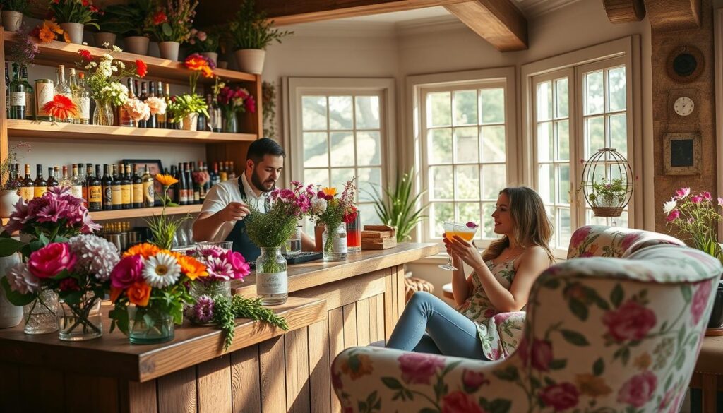 A cozy, flower-filled home bar with natural light streaming through large windows. The bar itself is made of rustic wood, adorned with a lush arrangement of edible flowers in vases and planters. Shelves behind the bar display an array of colorful liquors and glassware. In the foreground, a bartender is arranging fresh blooms and herbs, while a couple relaxes on plush, floral-patterned armchairs, sipping cocktails garnished with petals. The overall mood is warm, inviting, and effortlessly stylish.