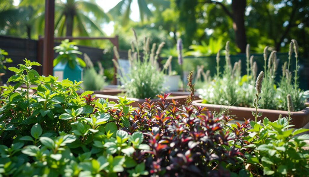 A cozy garden scene with an assortment of lush, low-growing herbs thriving in the soft, diffused light. The foreground features a variety of leafy green and purple-hued herbs such as mint, oregano, and thyme, their delicate stems and leaves cascading gently over the edges of raised planter beds. In the middle ground, a few taller herbs like rosemary and sage stand in contrast, their woody stems and needle-like foliage adding visual interest. The background depicts a serene, partially shaded outdoor setting, with the dappled sunlight filtering through the canopy of surrounding trees, creating a warm, natural atmosphere. The entire scene is captured with a shallow depth of field, highlighting the textures and vibrant colors of the herbs. A cozy garden scene with an assortment of lush, low-growing herbs thriving in the soft, diffused light. The foreground features a variety of leafy green and purple-hued herbs such as mint, oregano, and thyme, their delicate stems and leaves cascading gently over the edges of raised planter beds. In the middle ground, a few taller herbs like rosemary and sage stand in contrast, their woody stems and needle-like foliage adding visual interest. The background depicts a serene, partially shaded outdoor setting, with the dappled sunlight filtering through the canopy of surrounding trees, creating a warm, natural atmosphere. The entire scene is captured with a shallow depth of field, highlighting the textures and vibrant colors of the herbs.